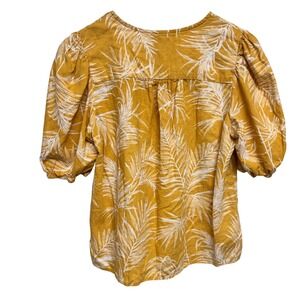Sigrid Olsen Blouse Medium Mustard Yellow Palm Leaf Print Blouse Puff Sleeve Top